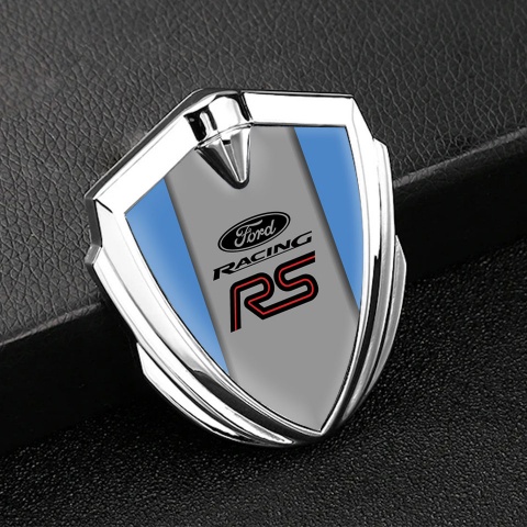 Ford RS Emblem Badge Self Adhesive Silver Glacial Blue Racing Design