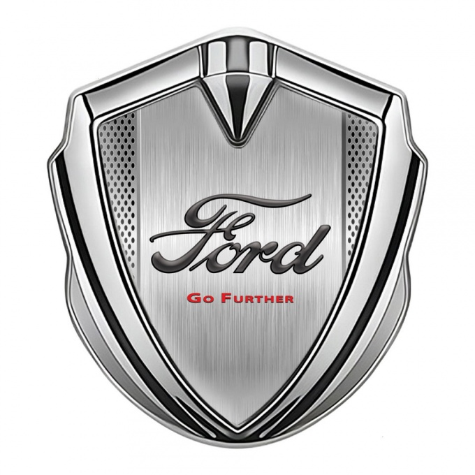 Ford Emblem Badge Self Adhesive Silver Metallic Mesh Go Further Slogan