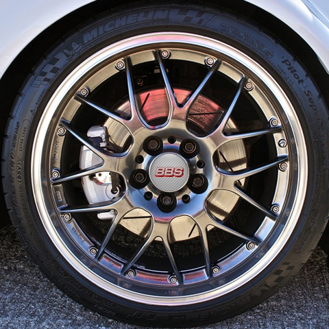 BBS Center Hub Dome Stickers Gray and Red Outline Logo