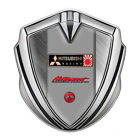 Mitsubishi Fender Emblem Badge Silver Brushed Steel Racing Flags
