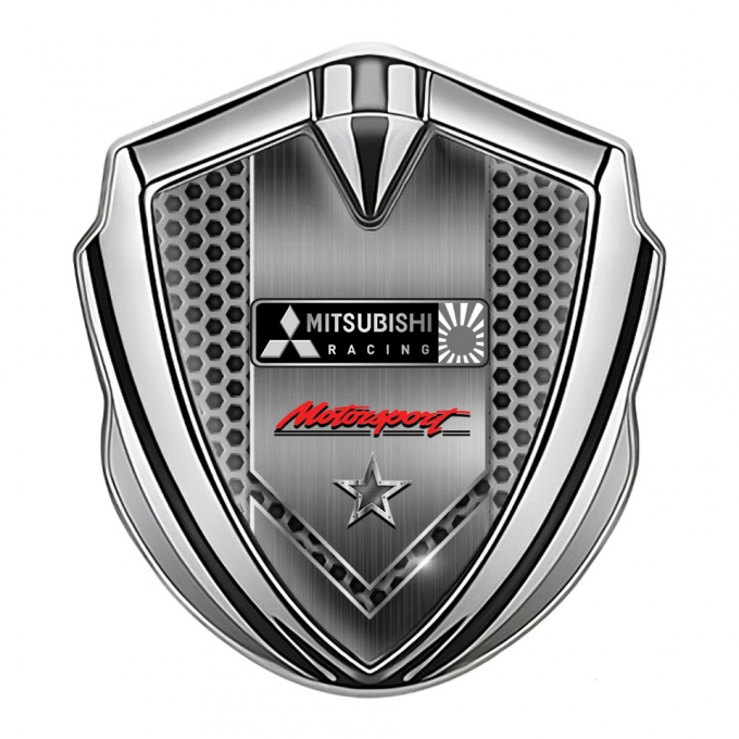 Mitsubishi Emblem Fender Badge Silver Honeycomb Racing Star Design