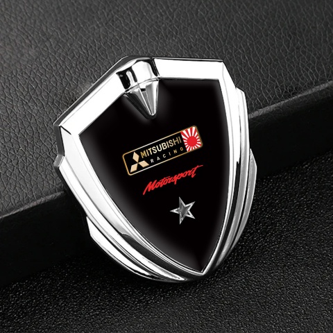 Mitsubishi Emblem Car Badge Silver Black Background Racing Motif