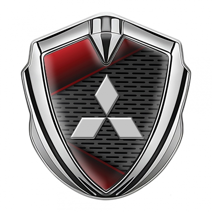 Mitsubishi Emblem Fender Badge Silver Dark Grate Red Panels Design