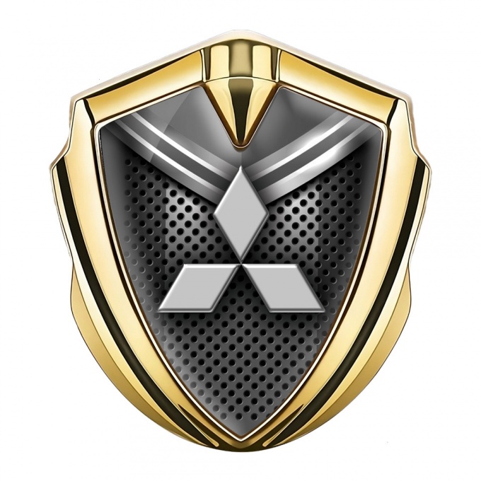 Mitsubishi Emblem Badge Self Adhesive Gold Metal Grate Grey Crest