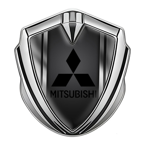 Mitsubishi Emblem Car Badge Silver Metal Frame Black Logo Design