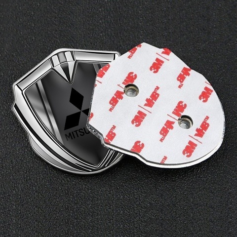 Mitsubishi Emblem Car Badge Silver Metal Frame Black Logo Design