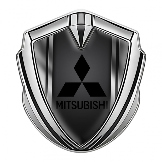 Mitsubishi Emblem Car Badge Silver Metal Frame Black Logo Design