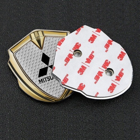 Mitsubishi Metal Emblem Self Adhesive Gold Grey Honeycomb Black Motif