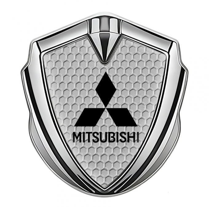 Mitsubishi Metal Emblem Self Adhesive Silver Grey Honeycomb Black Motif