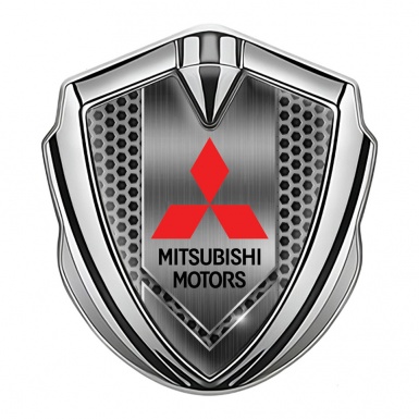 Mitsubishi Emblem Self Adhesive Silver Honeycomb Pattern Red Logo
