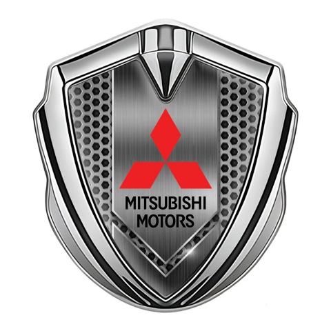Mitsubishi Emblem Self Adhesive Silver Honeycomb Pattern Red Logo