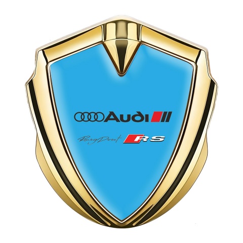 Audi RS Emblem Badge Self Adhesive Gold Sky Blue Base Sport Logo