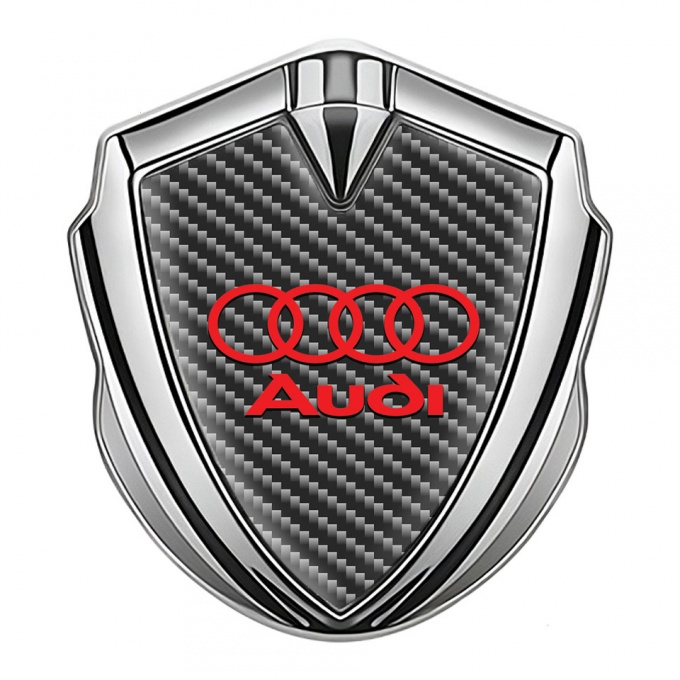 Audi Emblem Fender Badge Silver Dark Carbon Red Rings Edition