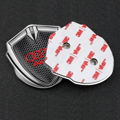 Audi Emblem Self Adhesive Silver Dark Metallic Mesh Red Logo