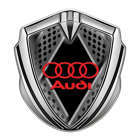 Audi Emblem Fender Badge Silver Multi Panel Dark Mesh Red Logo