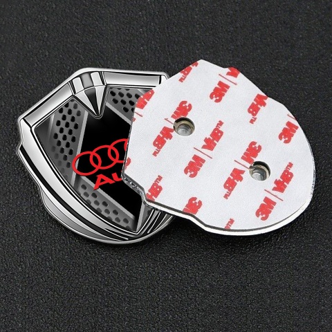 Audi Emblem Fender Badge Silver Multi Panel Dark Mesh Red Logo