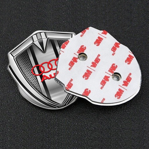 Audi Bodyside Emblem Badge Silver Metal Texture Classic Red Logo