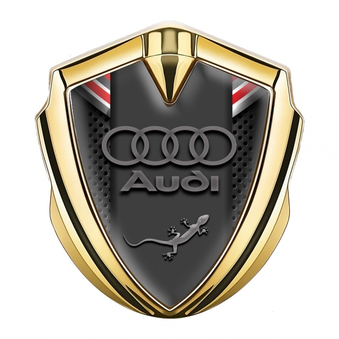 Audi Quattro Metal 3D Domed Emblem Gold Dark Mesh Red Fragments