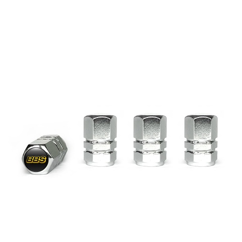 BBS Valve Caps Chrome 4 pcs Black Silicone Sticker with Yellow Logo