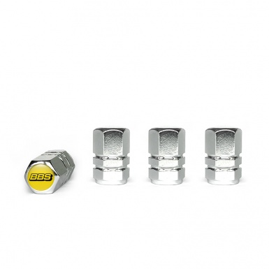 BBS Valve Caps Chrome 4 pcs Yellow Silicone Sticker with Black Logo