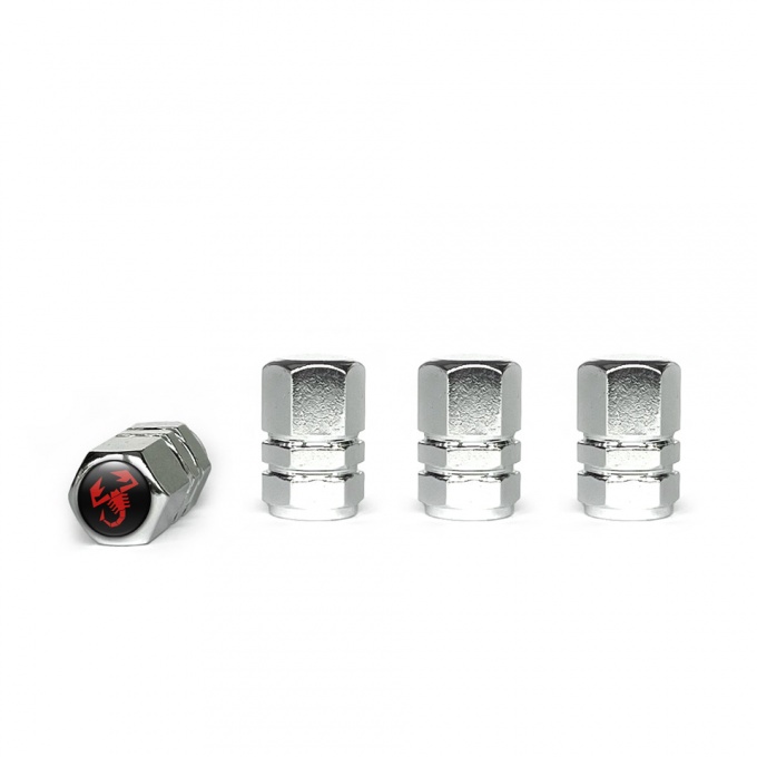 Fiat Abarth Valve Caps Chrome 4 pcs Black Silicone Sticker with Red Logo