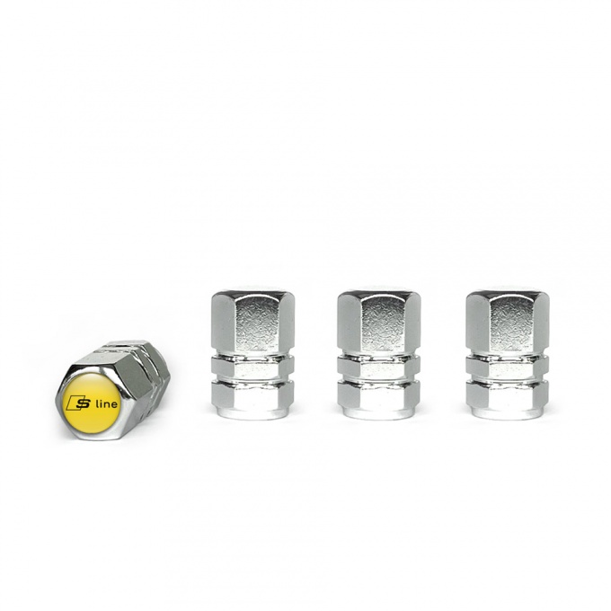 Audi S line Valve Caps Chrome 4 pcs Yellow Silicone Sticker with Black Logo