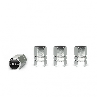 Audi S line Valve Caps Chrome 4 pcs Black Silicone Sticker with White Logo