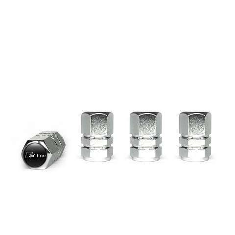 Audi S line Valve Caps Chrome 4 pcs Black Silicone Sticker with White Logo