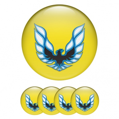 Pontiac Domed Stickers for Wheel Center Caps Yellow Base Blue Firebird Logo