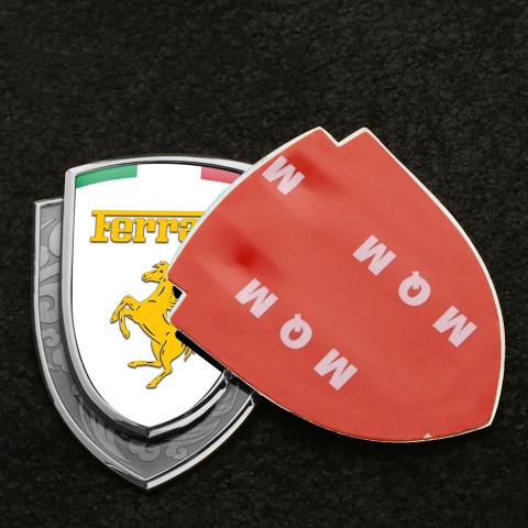 Ferrari Emblem Badge Silver White Background Yellow Logo Italian Flag