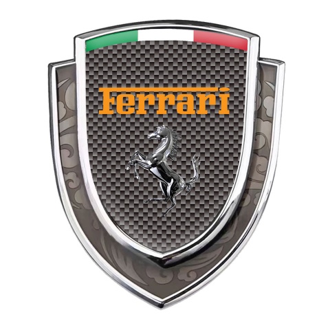 Ferrari Emblem Car Badge Silver Grey Carbon Chrome Logo Italian Flag