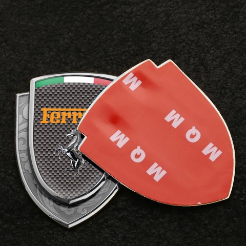 Ferrari Emblem Car Badge Silver Grey Carbon Chrome Logo Italian Flag