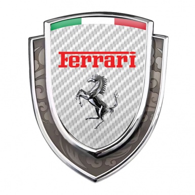 Ferrari Badge Self Adhesive Silver White Carbon Chrome Motif Italian Flag