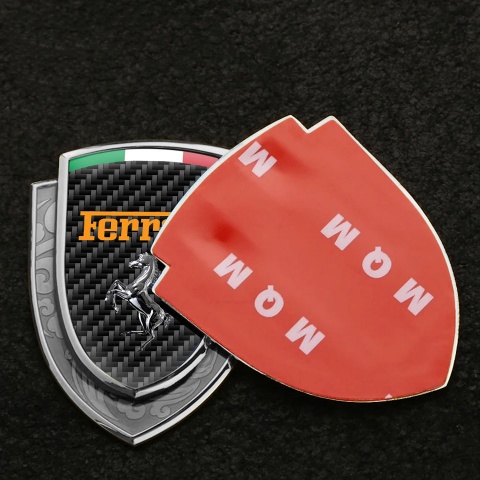 Ferrari Emblem Fender Badge Silver Black Carbon Chrome Logo Italian Edition