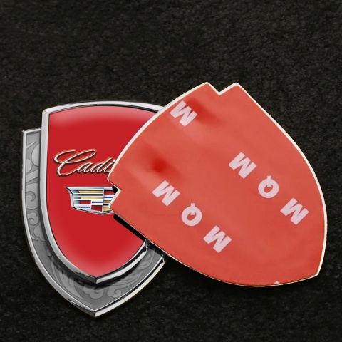 Cadillac Emblem Car Badge Silver Red Background Chrome Coat Of Arms