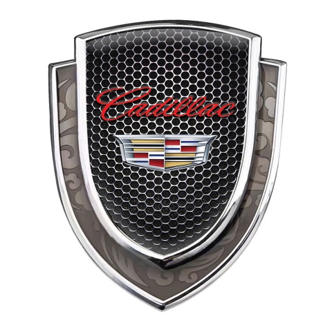 Cadillac Badge Self Adhesive Silver Steel Mesh Red Logo Coat Of Arms
