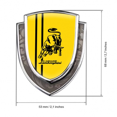 Lamborghini Metal Emblem Self Adhesive Silver Yellow Base Black Logo Stripes