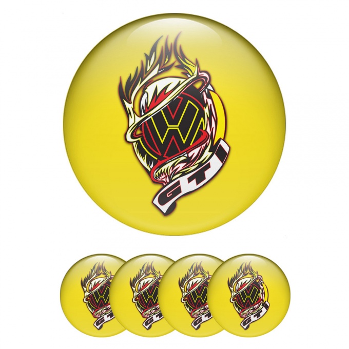 VW GTI Silicone Stickers for Center Wheel Caps Yellow Fill Burning Design