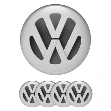 VW Domed Stickers for Wheel Center Caps Black Base Solid Grey Logo