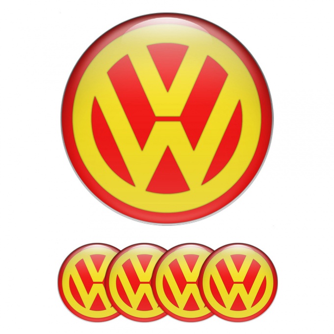 VW Emblem for Wheel Center Caps Red Base Yellow Classic Logo Design