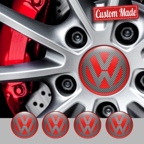 VW Emblem for Center Wheel Caps Red Base Carbon Classic Logo Design