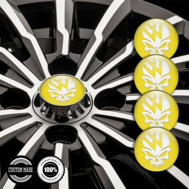 VW Stickers for Wheels Center Caps Yellow Base White Skull Logo