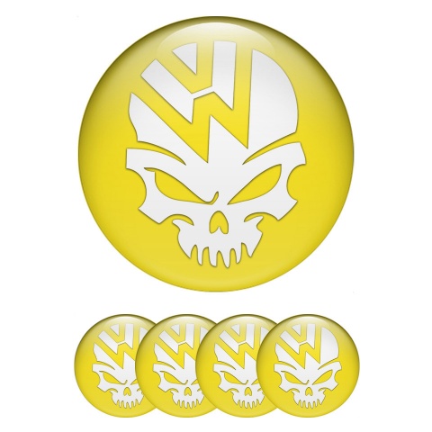 VW Stickers for Wheels Center Caps Yellow Base White Skull Logo