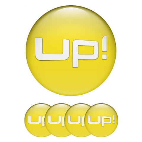 VW Up Silicone Stickers for Center Wheel Caps Yellow Base White Logo