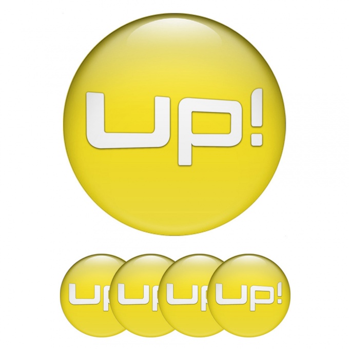 VW Up Silicone Stickers for Center Wheel Caps Yellow Base White Logo