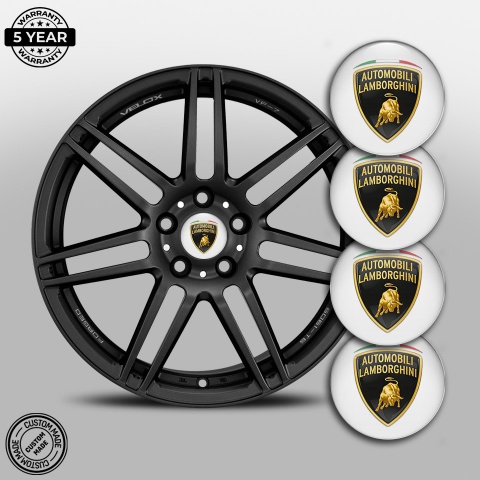 Lamborghini Emblem for Wheel Center Caps White Gold Shield Italian Banner