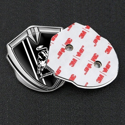 Lamborghini Emblem Badge Silver Black Background White Sport Stripes