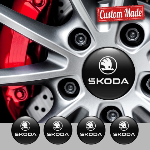 Skoda Center Caps Wheel Emblem Black Base White Logo Edition