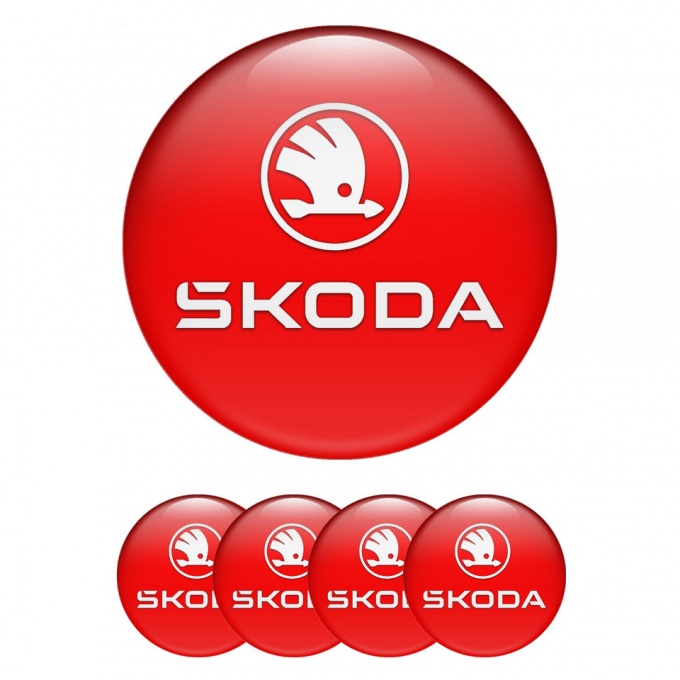 Skoda Stickers for Center Wheel Caps Red Base White Logo Variant