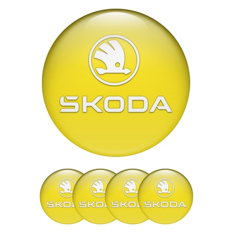 Skoda Stickers for Wheels Center Caps Yellow Base White Logo Design